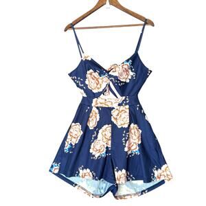 Navy Blue Floral Tie-Front Romper Cottagecore Boho Summer M whimsigoth
